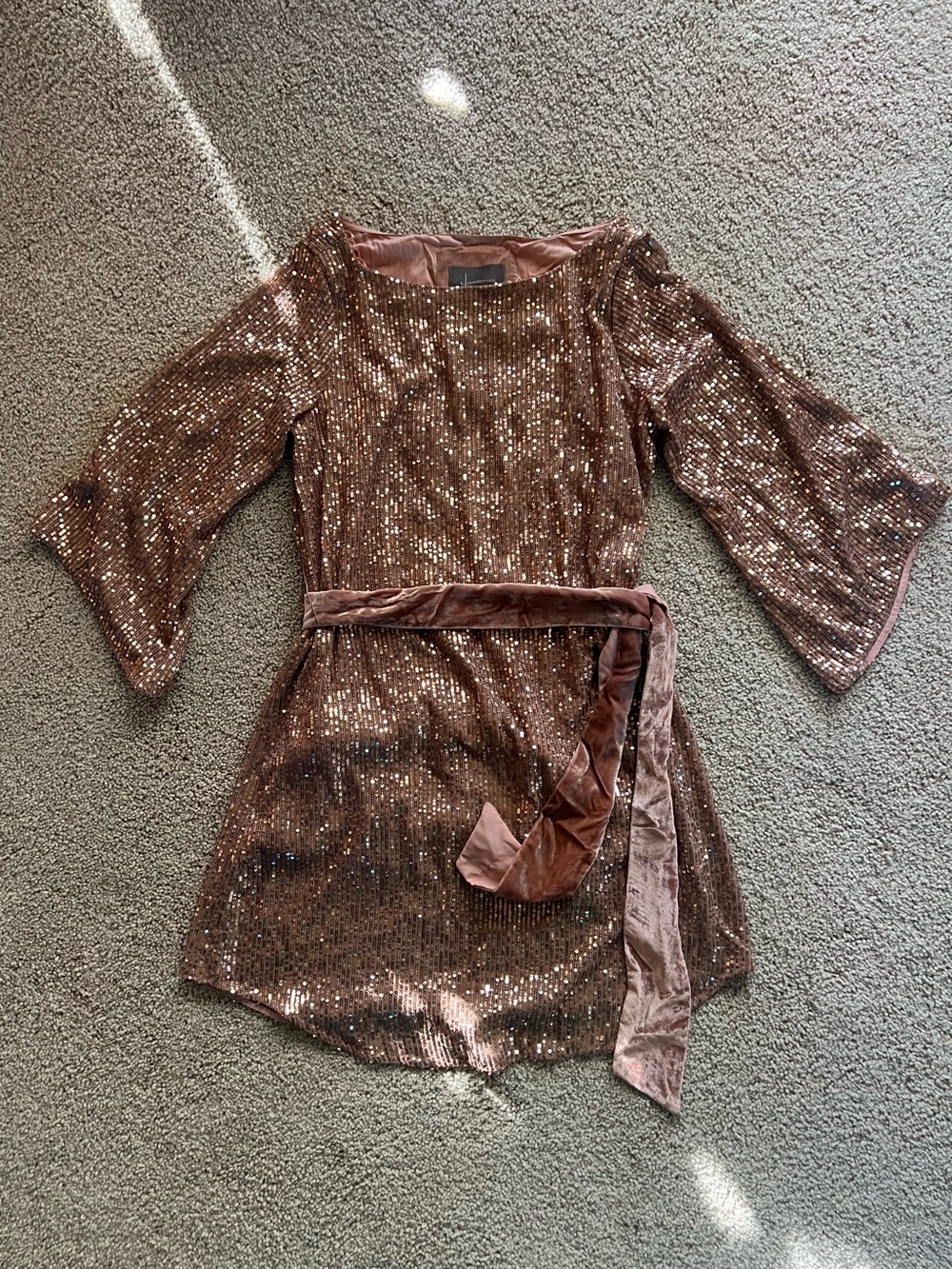 Anthropologie Rose Gold Sequin Mini Dress with Velvet Tie Size S